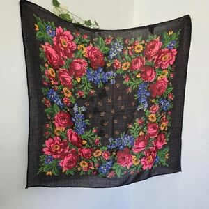 Vintage Hand Screen Printed Floral Birgin Wool Scard